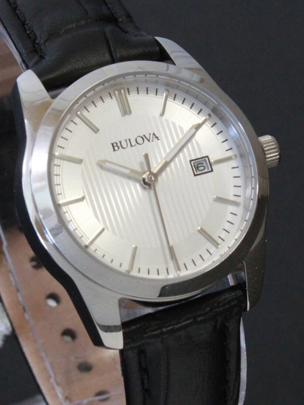 Bulova Ladies Classic Dress Watch Stainless, Silver Textured Dial, Black Strap - Picture 1 of 13